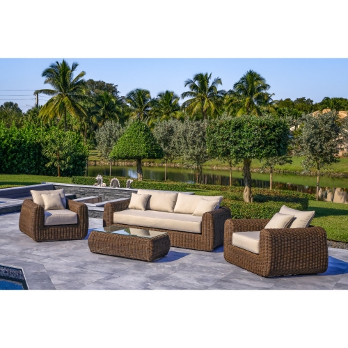 Milo Lux 4 Piece Outdoor Sofa Set in Brown PE Wicker & Beige Sunbrella Fabric